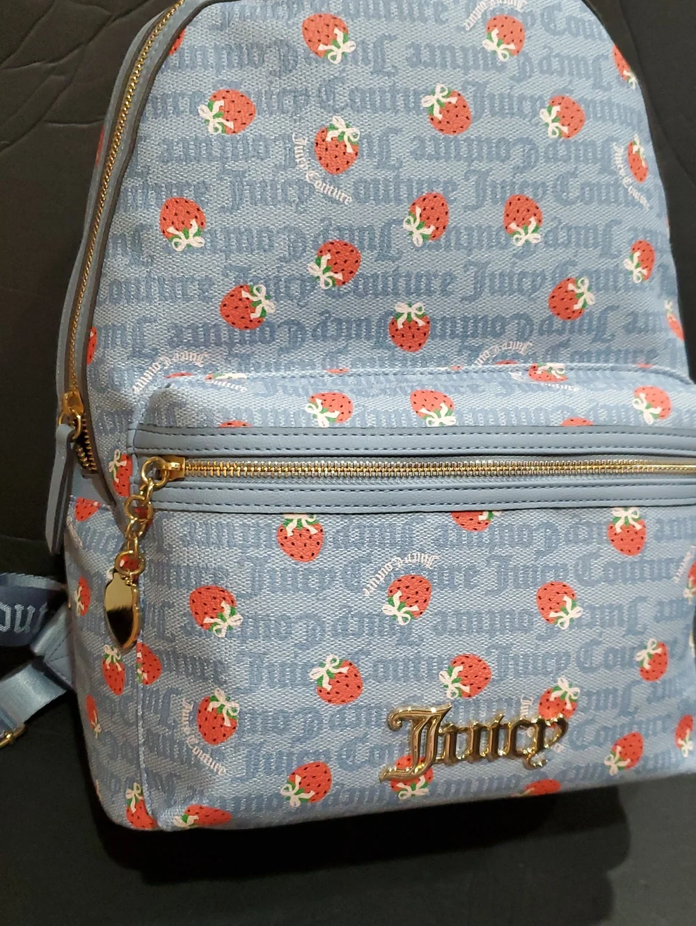 Juicy Couture berry sweet dusty blue red strawberry print monogram backpack new